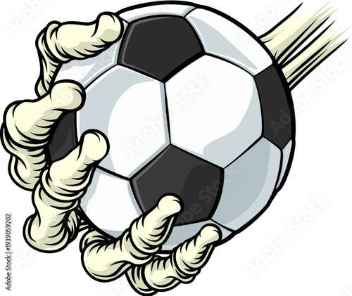 A grim reaper or death skeleton sports team or Halloween event mascot hand holding a soccer football ball