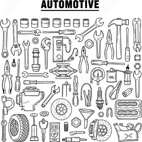 Hand-drawn sketch collection of automotive tools and car repair equipment. Detailed monochrome illustration of garage workshop instruments and vehicle maintenance parts.