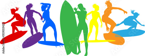 Surfer surfboard boarding female surfers surfing colorful silhouette outlines. Women surf group design concept.