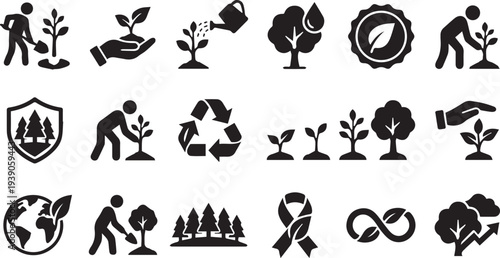 Eco-Friendly Gardening and Reforestation Icons for Environmental Conservation