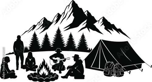 Camping Silhouette with Friends Sitting Around Campfire Playing Guitar Near Tent and Mountains in Pine Forest Outdoor Adventure Black Vector.