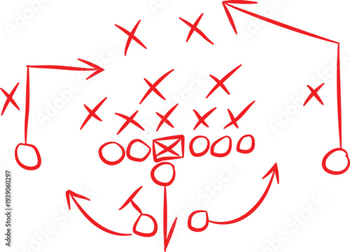 Simple red hand drawn diagram illustrating a complex American football offensive play strategy on a white background