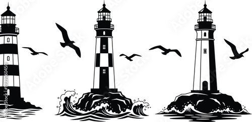 Lighthouse Silhouette Set with Coastal Towers Seagulls and Ocean Waves Featuring Nautical Maritime Elements for Beach Travel and Marine Design Vector.
