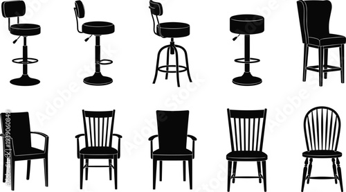 Set of Black Chair Silhouettes Including Bar Stools and Dining Chairs Isolated on White Background for Interior Design Vector Illustration
