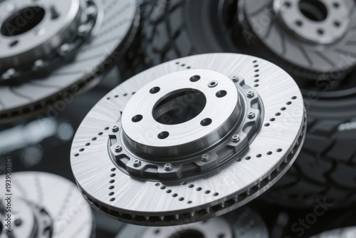 Close-up of a metallic brake rotor with drilled holes and surrounding disc components