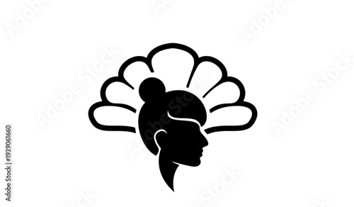 Elegant Woman Head Profile Silhouette with Decorative Fan Hairstyle