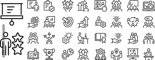Workshop, business education, online learning icons pack. Such line signs as team building, coaching meeting, managing and motivation. Vector icons set for web and app in outline editable stroke.eps