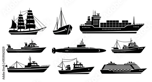 Collection of various ship and boat silhouettes for design.