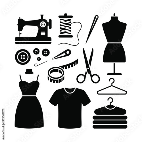 Tailoring supplies black vector icon set