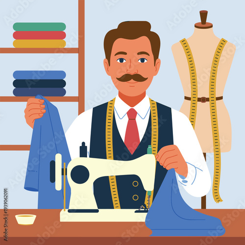 Male seamstress working sewing machine