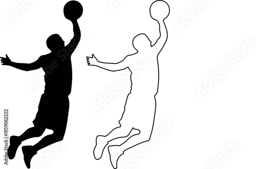 Basketball player silhouette jumping for slam dunk, athletic male basketballer outline vector, sports action figure isolated on white background