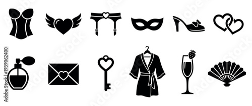 Collection of black silhouette icons representing romance and passion, featuring a corset, garter, masquerade mask, perfume, love letter, and hearts for an intimate theme