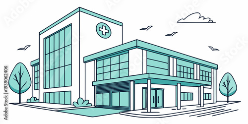 Modern building with clock tower and trees in front of it