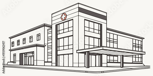 Modern hospital building with red cross symbol on the facade and multiple entrances