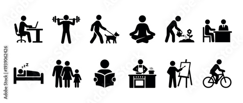 Set of black stick figure icons representing daily life activities, hobbies, and work routines like exercising, cooking, painting, and sleeping for a healthy lifestyle concept