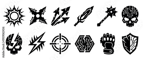 Collection of black futuristic video game icons featuring cyberpunk skulls, weapons, shields, and ability symbols in a bold graphic silhouette style for user interface design