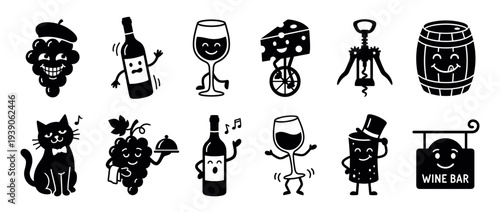 Collection of funny black wine icons featuring anthropomorphic characters like grapes, bottles, and cheese in a playful cartoon style for a bar or restaurant menu design