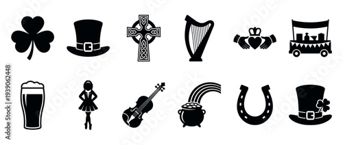 Black silhouette icons of traditional Irish symbols for St. Patrick's Day, featuring a shamrock, Celtic cross, leprechaun hat, harp, pot of gold, and horseshoe