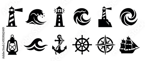 Set of twelve black nautical silhouette icons including a lighthouse, ocean wave, anchor, ship wheel, compass, and sailing vessel, representing maritime adventure and sea travel