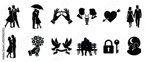 Set of black romantic couple silhouettes showing love, dating, and marriage with various relationship symbols like a heart, ring, doves, and a lock and key