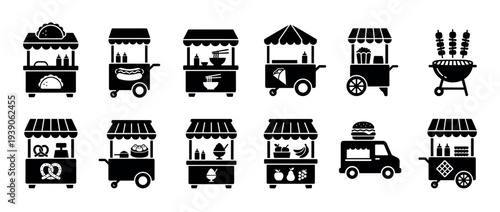 Street food cart and stall icon set with black glyphs representing various vendors like taco stands, hot dog carts, noodle bars, food trucks, and barbecue grills