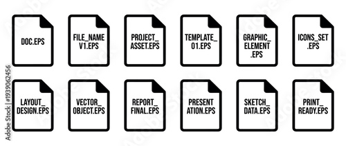 Set of black vector file icons for graphic design projects, including templates, layouts, and print-ready documents, presented in a clean, minimalist, flat line art style