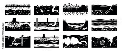 Collection of black and white ground cross-section illustrations showing soil layers, plant roots, underground animals, fossils, and geological formations in a minimalist graphic style