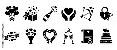 Set of twelve black love and romance icons featuring heart balloons, a gift, champagne, a wedding cake, cupid's bow, and a padlock for a romantic celebration