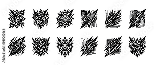 Set of twelve black abstract futuristic symbols with sharp geometric shapes and technological cyberpunk elements in a bold monochrome vector illustration style for decals or emblems