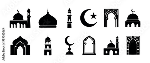 Set of black Islamic silhouette icons featuring various mosque designs, minarets, domes, arched gates, and the crescent moon with a star, representing religious symbols