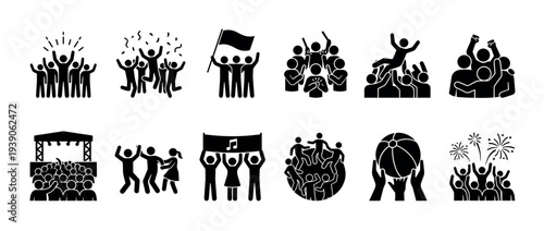 Collection of black pictogram icons showing crowds of people celebrating, cheering at a concert, dancing, and supporting a team at a festival