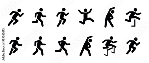 Collection of black stick figure icons showing various athletic poses like running, jumping, stretching, and hurdling, presented as a minimalist vector pictogram set for sports concepts
