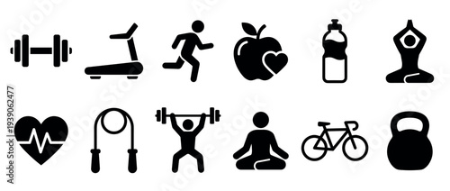 Set of black fitness and health icons showing a dumbbell, treadmill, running, yoga, and weightlifting for a healthy lifestyle concept, presented as a simple vector collection