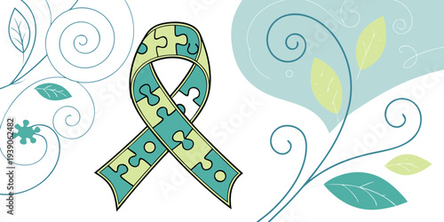 Colorful ribbon symbolizing awareness and support with decorative floral elements.