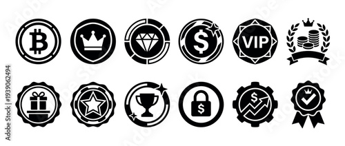 Collection of black silhouette reward icons representing finance, gaming, and achievement concepts like cryptocurrency, VIP status, trophies, and awards for user interface design