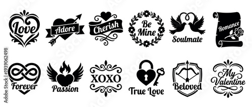 Set of black romantic love typography and calligraphic elements for Valentine's Day featuring hearts, arrows, doves, and ornate flourishes with affectionate words and phrases