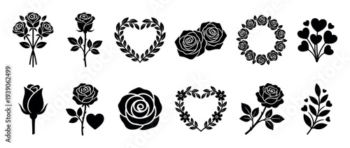 Collection of black rose and heart silhouettes for romantic design, featuring bouquets, wreaths, and various floral elements for wedding or valentine's day decorations