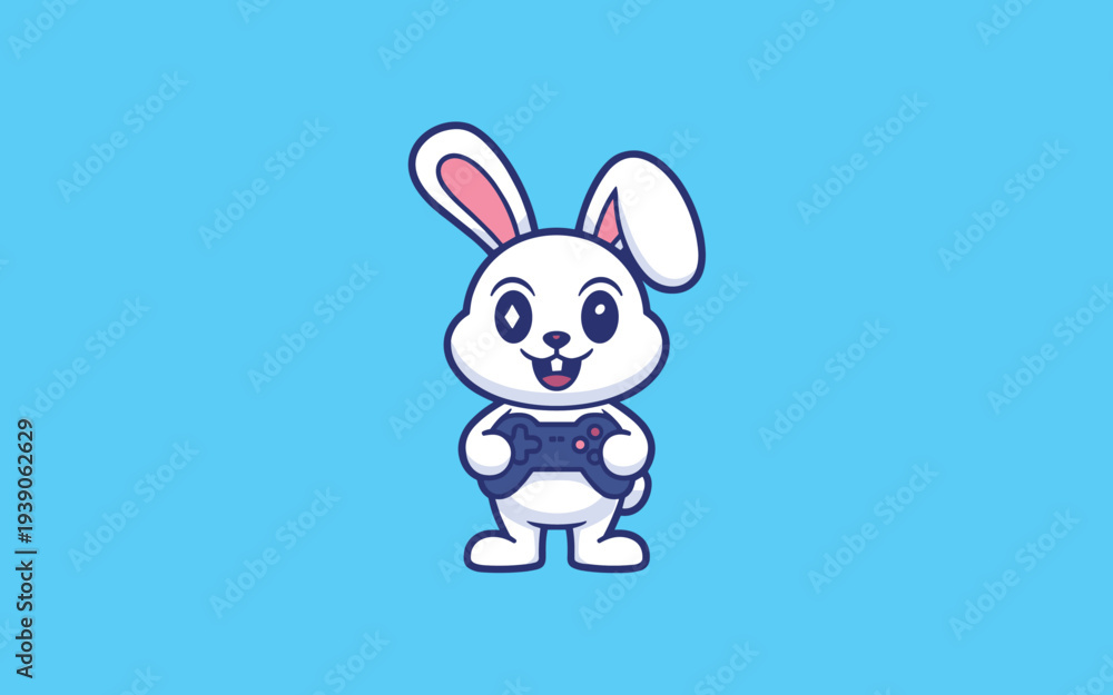 Fototapeta premium Cute White Bunny Playing Video Games with Controller on Blue Background