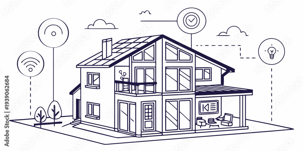 Naklejka premium Modern house equipped with solar panels and smart energy features for sustainability