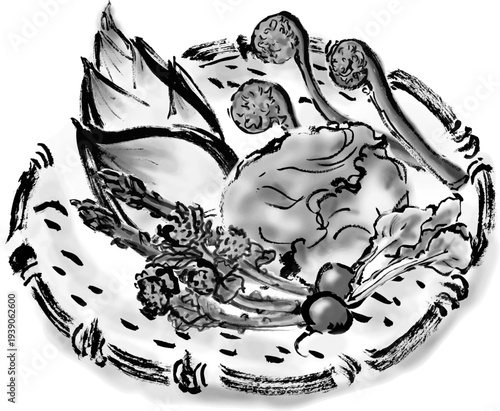 春野菜の籠盛りセット筆書き和風イラスト素材　モノクロ