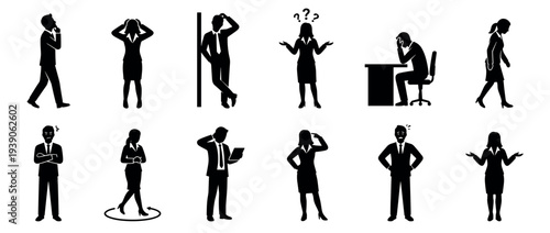 Set of black business people silhouettes showing various negative emotions like stress, confusion, failure, and anger in different corporate poses and situations