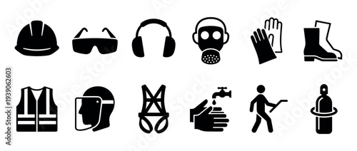 Set of black personal protective equipment icons representing workplace safety with a hard hat, glasses, respirator, gloves, boots, vest, and face shield symbols