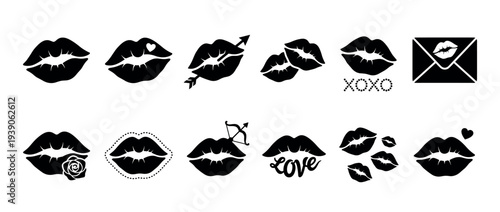 Collection of black lip silhouettes and romantic icons for Valentine's Day, including kisses, hearts, arrows, roses, and love letters in a simple graphic vector style