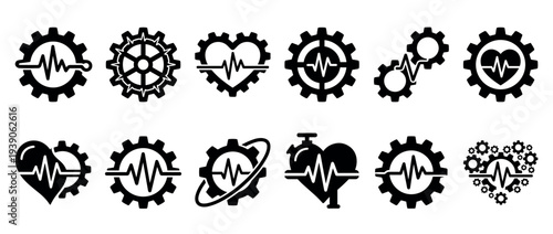 Set of black gear and heartbeat icons combining mechanical cogs with medical cardiogram lines and heart shapes, representing industrial health, engineering, and passion concepts