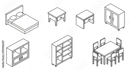 Collection of Isometric Furniture Line Art Illustrations.