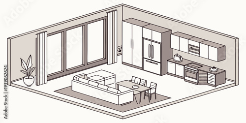 Modern bedroom layout with integrated living and dining area in a spacious apartment.