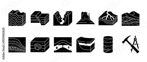 Set of black geology icons showing various earth science concepts like rock strata, faults, fossils, and landforms in a minimalist glyph style for educational purposes