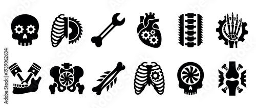 Set of black biomechanical icons featuring human anatomy parts like skulls, bones, and organs fused with mechanical gears, saws, and pistons in a minimalist glyph style collection
