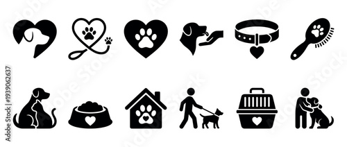 Twelve black silhouette icons for pet services representing dog care, love, grooming, walking, feeding, and veterinary concepts in a minimalist graphic collection