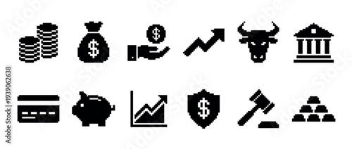 Set of black pixel art finance icons representing money, banking, investment, and business concepts in a retro 8-bit video game style for graphic design elements